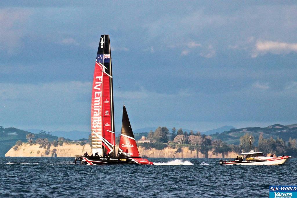 Emirates Team New Zealand AC45 Surrogate or Test/Development boat sailing on Auckland harbour in the late afternoon of September 1, 2016 © Richard Gladwell www.photosport.co.nz